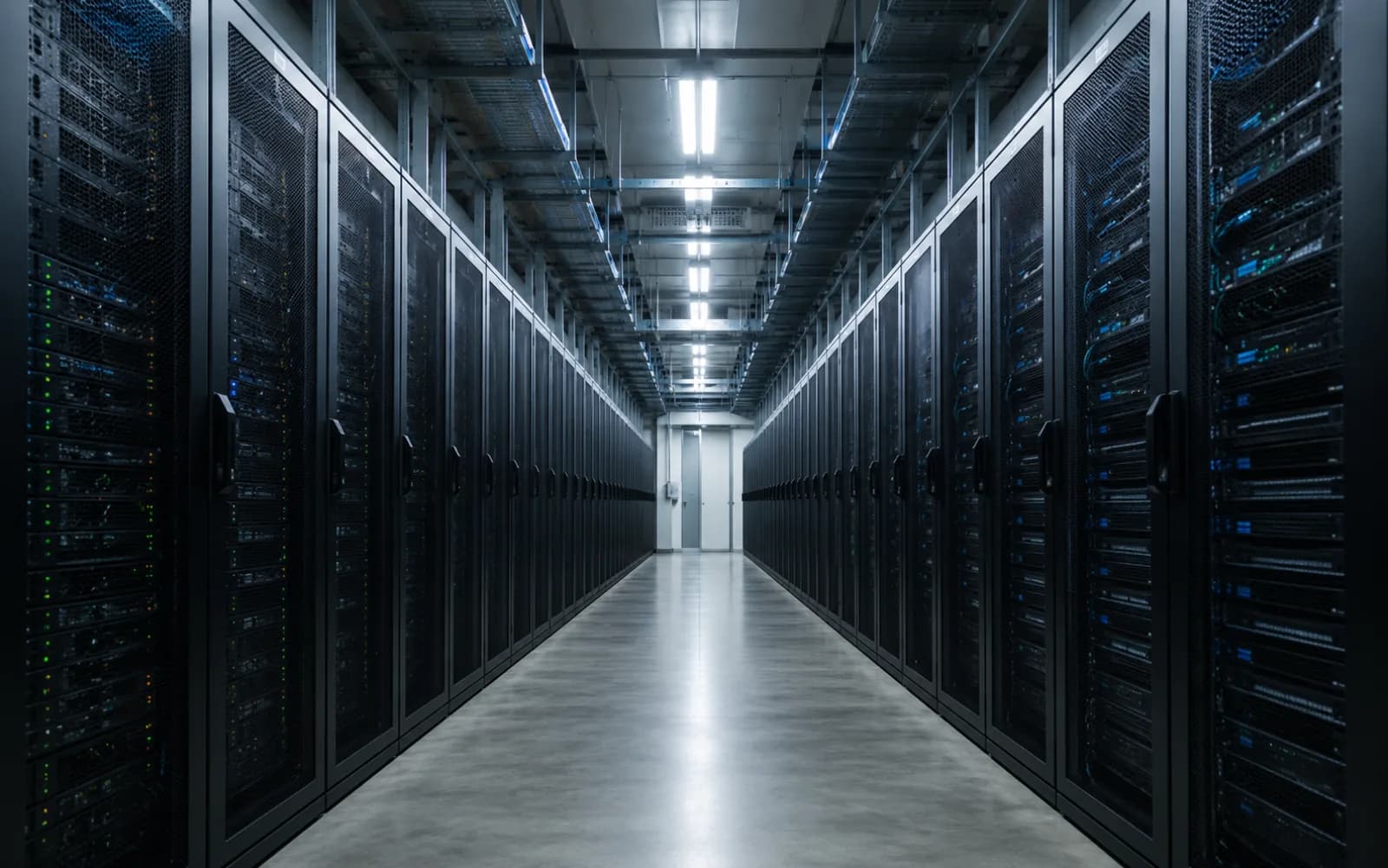 Lange Reihe schwarzer Server-Schränke in einem modernen Rechenzentrum mit polierter Bodenfläche, kühles Deckenlicht, einsame Symmetrie