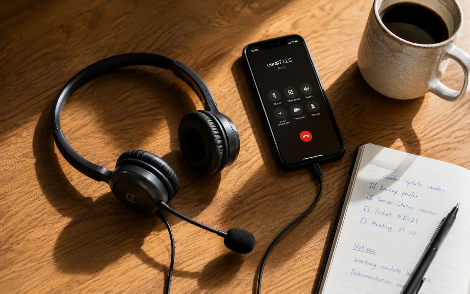 Headset, Smartphone mit aktivem curaIT-Anruf, Notizblock mit handgeschriebener To-Do-Liste und Kaffeebecher auf hellem Holzschreibtisch